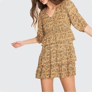 BA&SH Size 2 Nina Mustard V-neck Floral 3/4 Sleeve Casual Mini Dress. US Size M